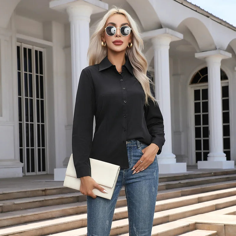 Women Elegant Solid Button Shirt Chiffon Blouse Spring Summer Casual Solid Long Sleeve Turn Down Collar Tunics OL Shirt Tops