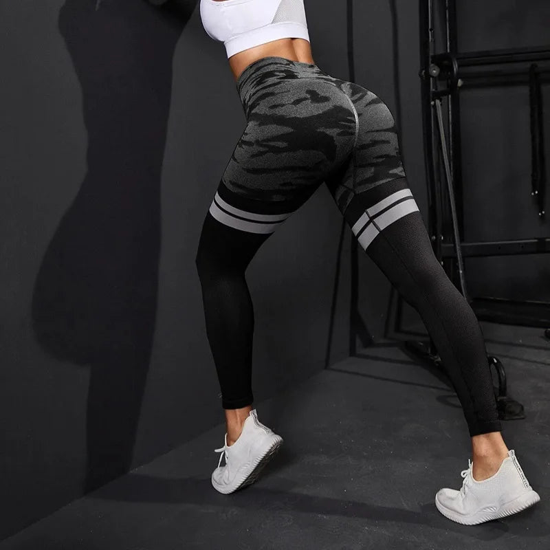 Striped Camo Leggings Women Seamless Knit Tights High Waist Hip Liftting Workout Running Slim Yoga Fitness Sportswear Yoga Pants