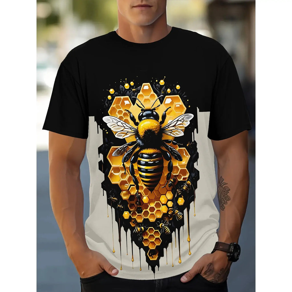 Summer Men's T-Shirt Bee Pattern Print Pullover Outdoor Casual Crew Neck Short Sleeve T-Shirt Fashion Male Oversized Clothing