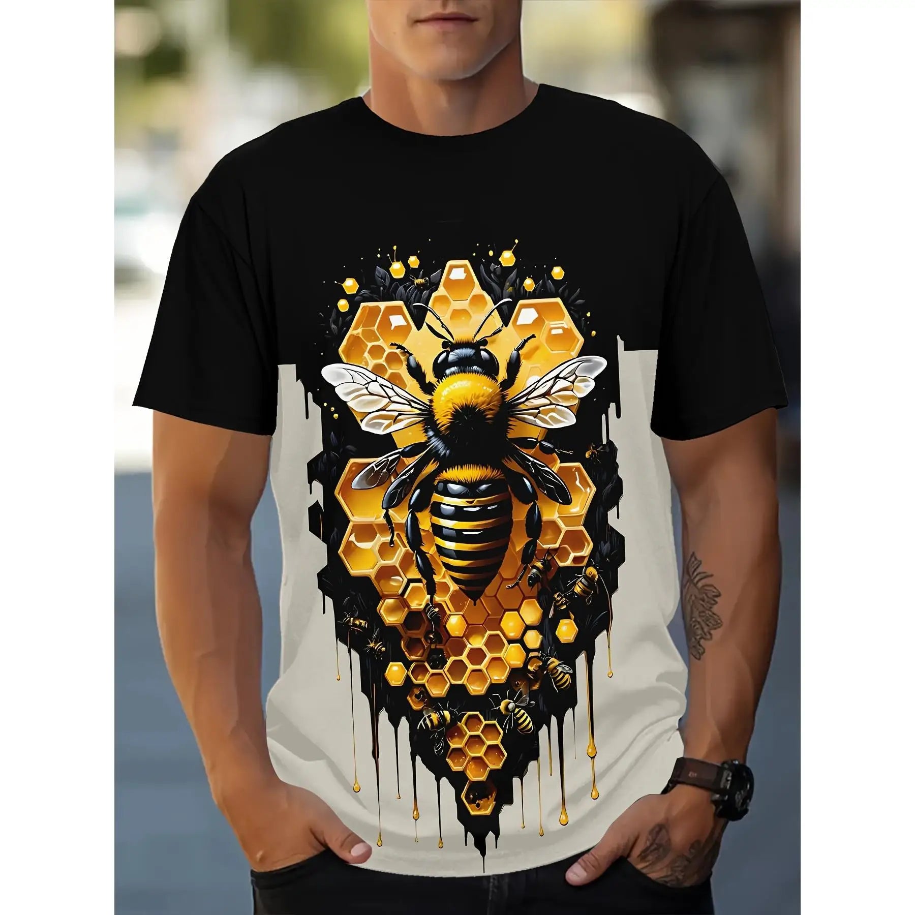 Summer Men's T-Shirt Bee Pattern Print Pullover Outdoor Casual Crew Neck Short Sleeve T-Shirt Fashion Male Oversized Clothing