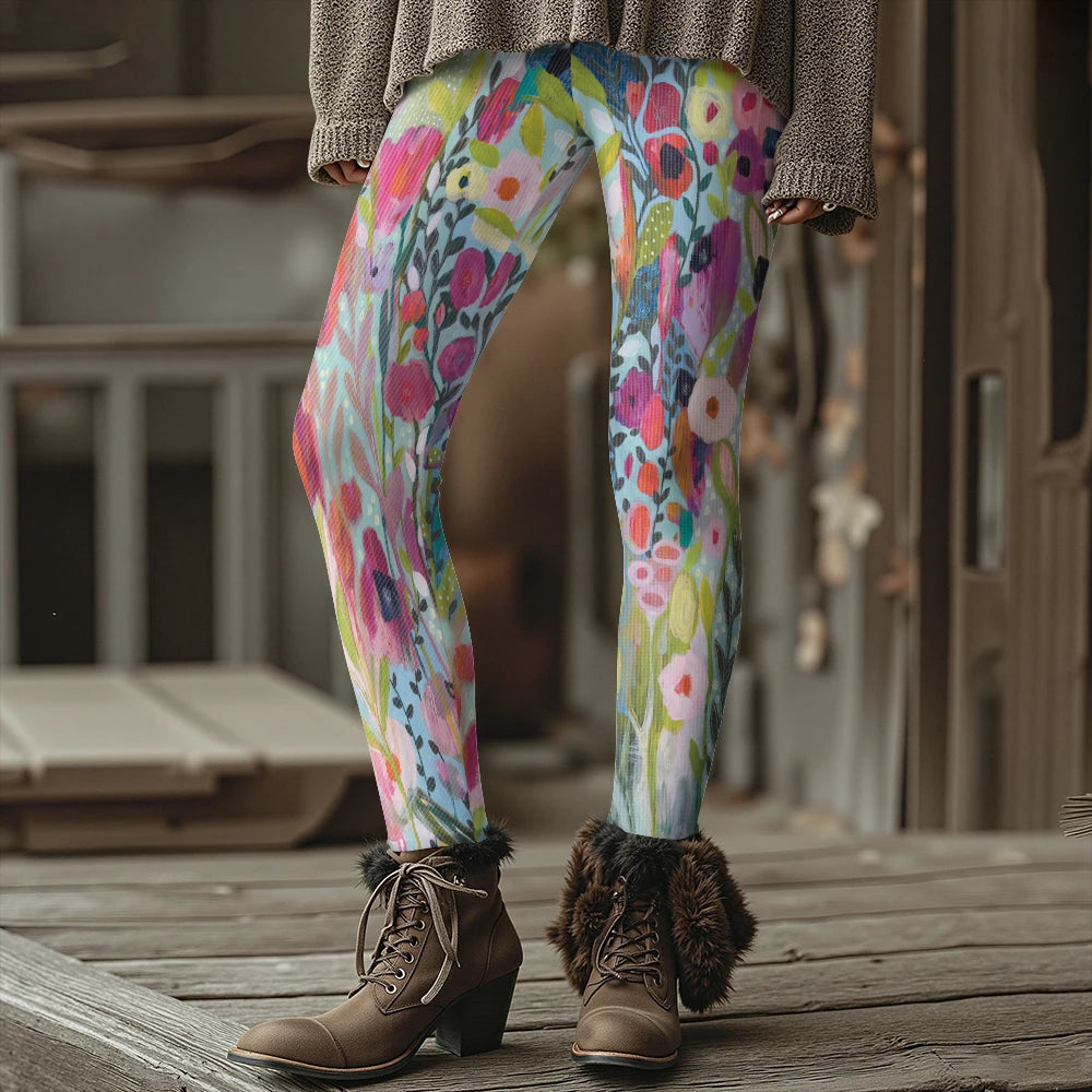 Colorful Blooming Flowers Pattern Women's Leggings Autumn Winter Warm Fashion Tights Stylish Outdoor Look Fashion Streetwear