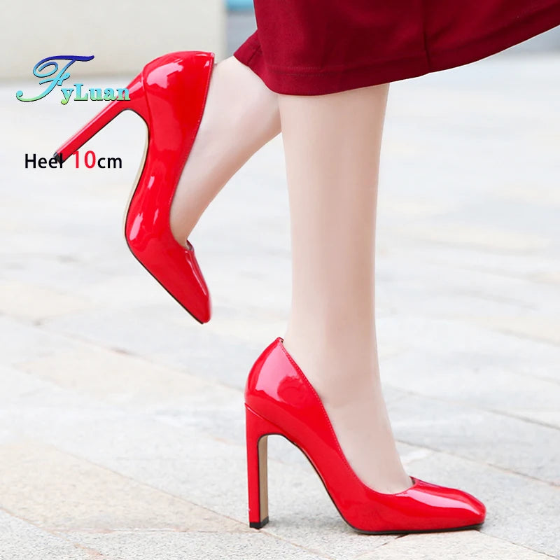 Square Head Single Shoes For Women 10CM Thick Heeled Shallow Mouth Model Shoes Designer 2025 Office Lady Pumps Summer High Heels