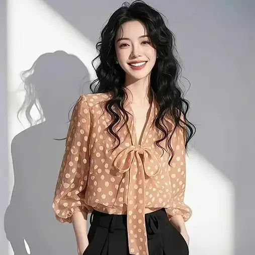 Women's Clothing French Style Top for Important Blouses Occasions Orange Polka-dot Bow Tie Shirt