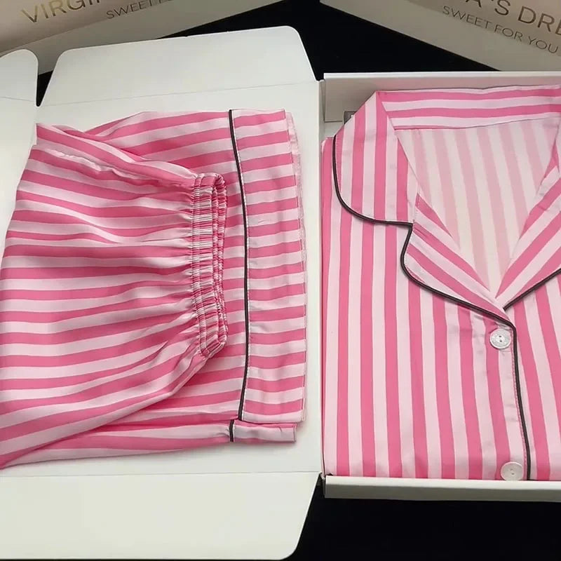Women Summer Pajamas Short-Sleeved Lapels and High-Quality Pink Striped NightWear Loungewear Two-Piece Set ladies sleepwear