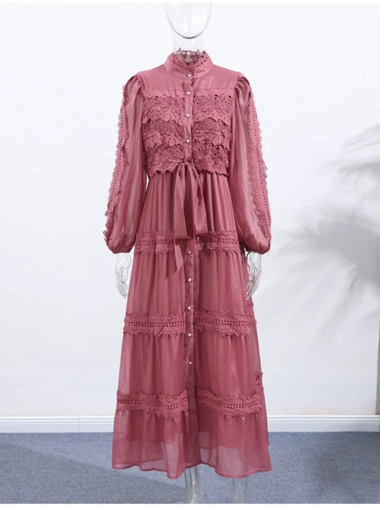 Hollow Out Women's Long Dresses Lantern Sleeves Lace Up Pearl Single Breasted Vestidos Spring Female Solid Elegant Robe 2026