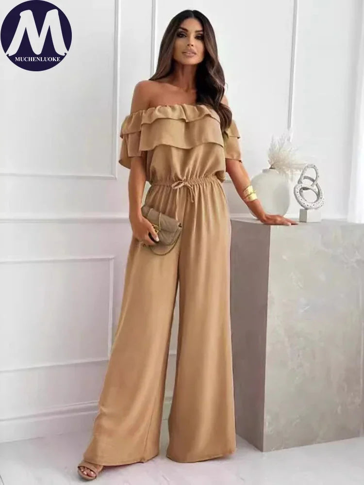Summer Off-Shoulder Jumpsuit for Women Short-Sleeved Flounce Slim Fit Elastic Waist Fashionable Casual Jumpsuits