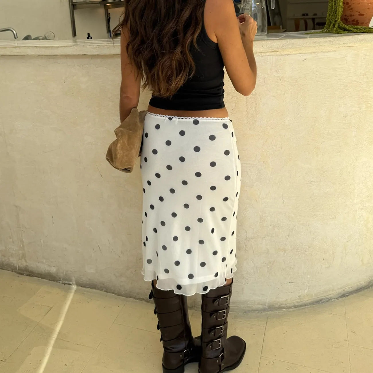 hirigin Womens Casual Midi Skirt Elegant Polka Dot Print Bodycon Pencil Skirt for Party Workout Daily Wear Summer Y2K Streetwear