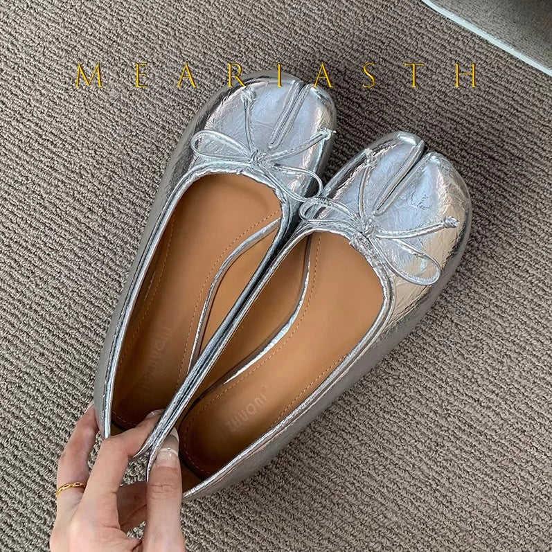 Tabi Shoes Ballet Falts Leather Ballerina Shoes For Women Split Toe Flats Tabi Shoes Slip On Soft Bottom Moccasins with Bowknot