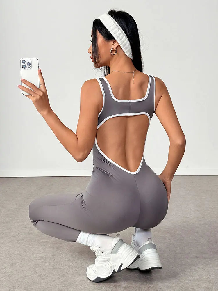 Summer New Solid-Color Jumpsuit With Contrasting Details Fitted Top Flared Pants—Sexy Casual Backless Women's Jumpsuit Clothing