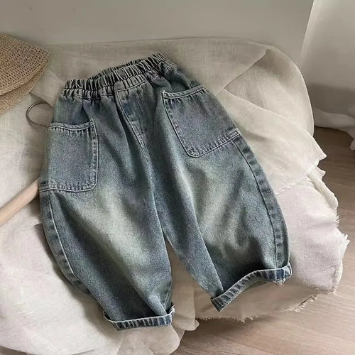 2025 Autumn Kids Pants Boys Pockets Design Denim Trousers Loose Style Baby Girls Jeans 1-6T Trendy Children Grinding White Pants