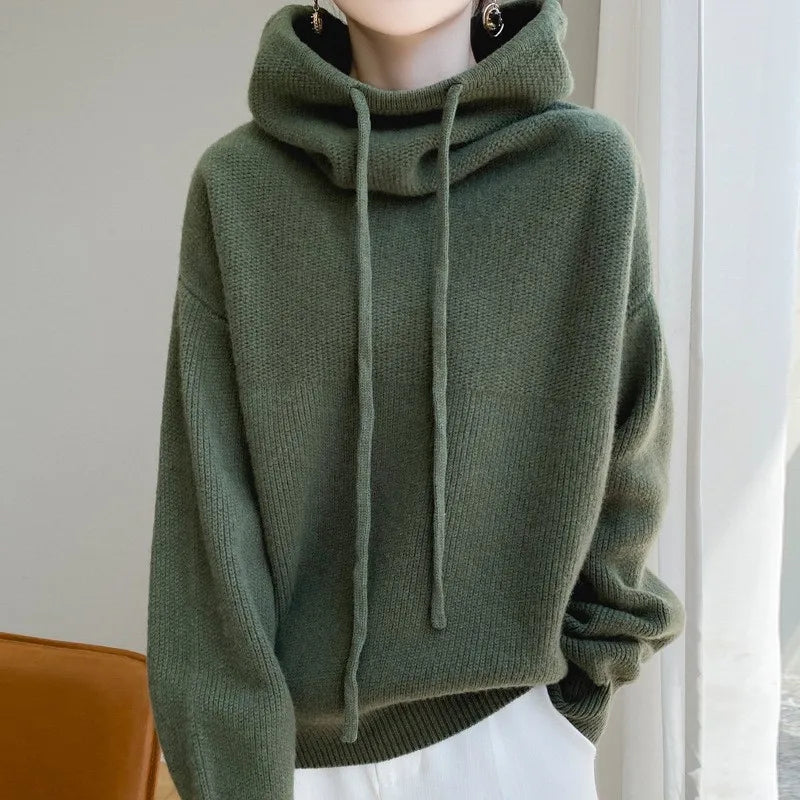 Hoodies Sweater Women Pullover Hooded Thick Knitting Top Drawstring Knitwear Autumn Winter Knitted Tops Jumper Office Lady 2025