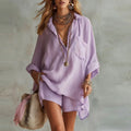 Spring Summer Long Sleeve V Neck Shirt Blouse High Waist Loose Shorts Suit Women Casual Two Piece St Comfortable Female Outfits