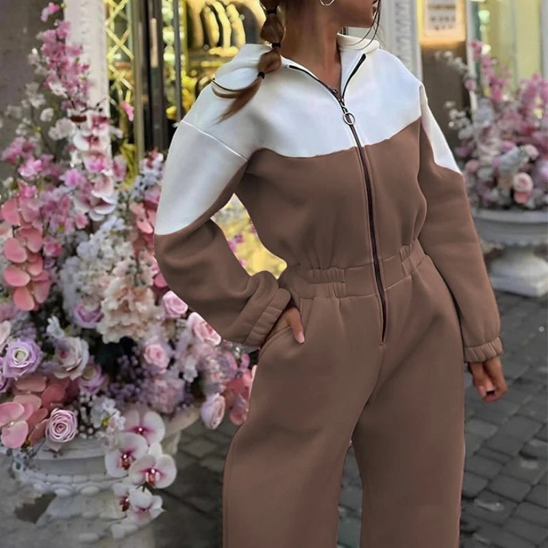 Women'S Jumpsuits Casual Sporty Sweatershirt Hoodies Suits Spliced Colored Zipper Long Pants Rompers Playsuits Autumn Winter y2k