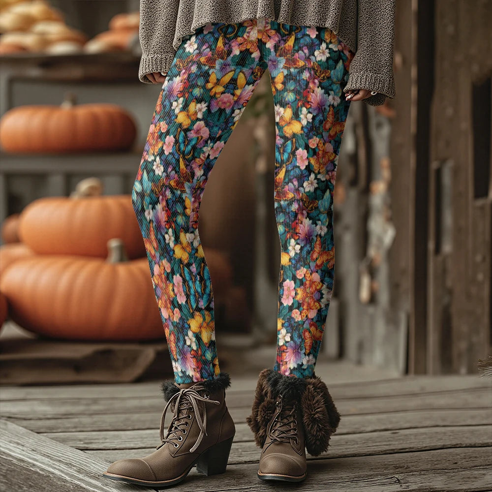 Colorful Blooming Flowers Pattern Women's Leggings Autumn Winter Warm Fashion Tights Stylish Outdoor Look Fashion Streetwear
