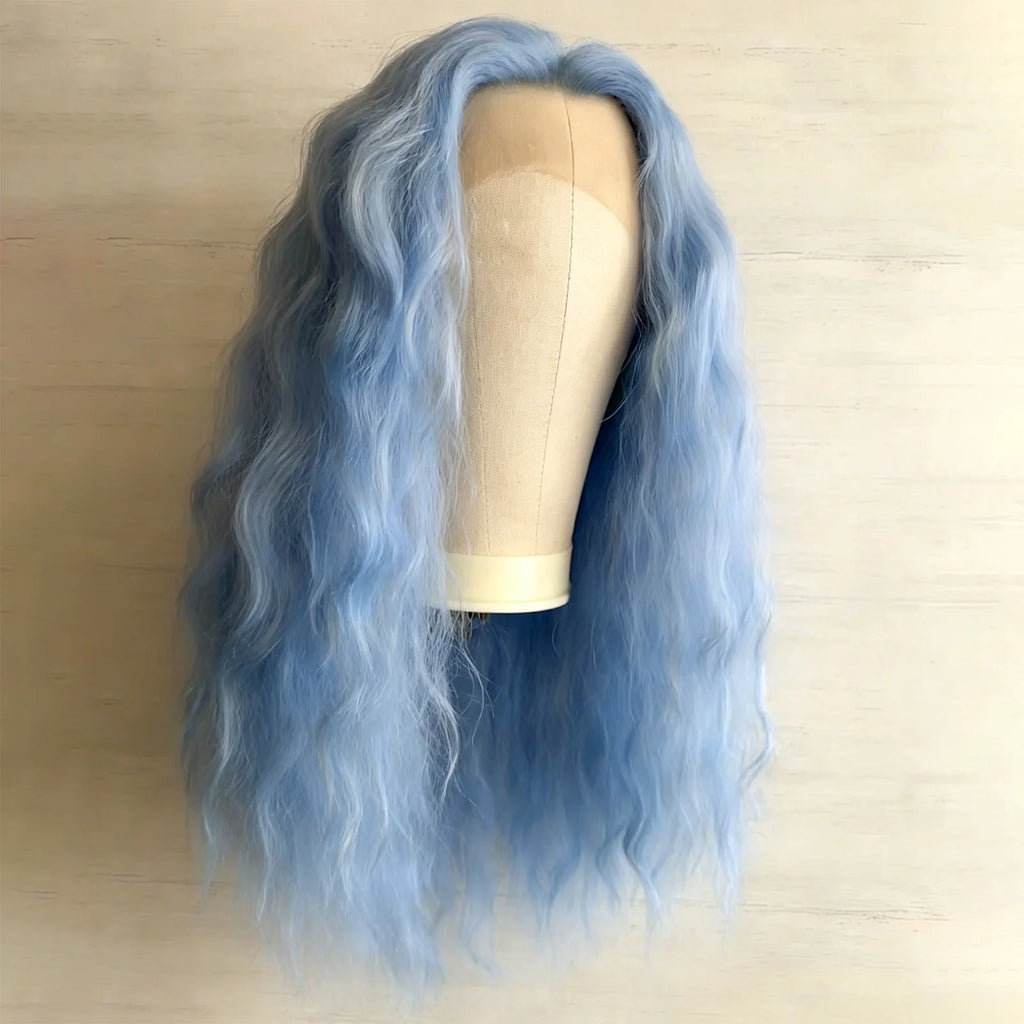 Light Blue Natural Wave Long Curly Wavy Synthetic 13X4 Lace Front Wigs for Women Pre Plucked Natural Hairline Cosplay Party