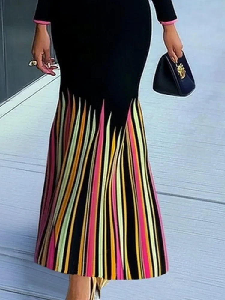 Freeacy 2024 Ladies Bodycon Dress V-neck Long Sleeves Colorful Striped Evening Dresses for Women High Waist Pleated Dress