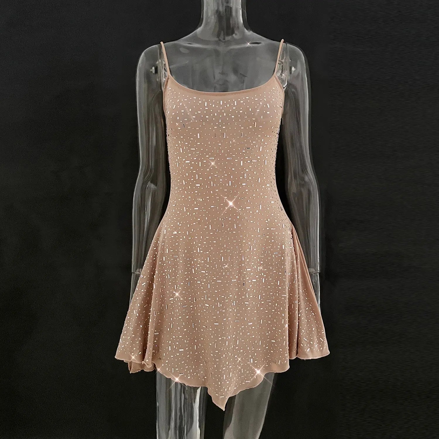 DGLUKE Spaghetti Strap Asymmetrical Mini Dress Sexy See Through Mesh Summer Dress Woman Sparkly Rhinestone Party Prom Dress