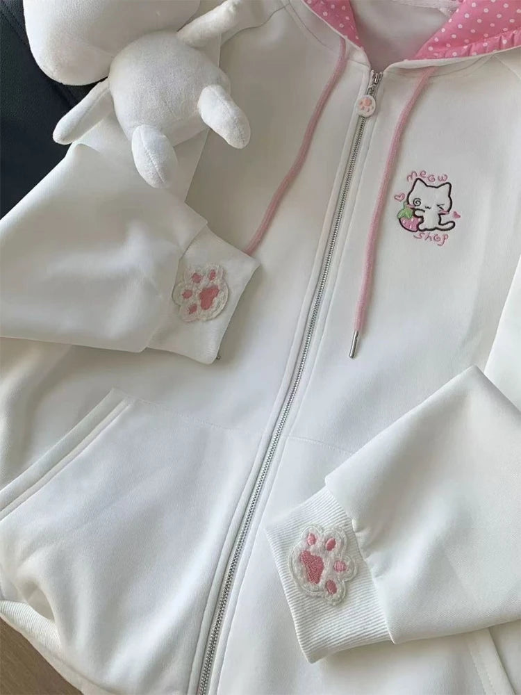 Japanese Cartoon Embroidery Casual Kawaii Hoodies Y2k Aesthetic Loose Drawstring Women Hoody Harajuku Autumn Zipper Sweatshirt