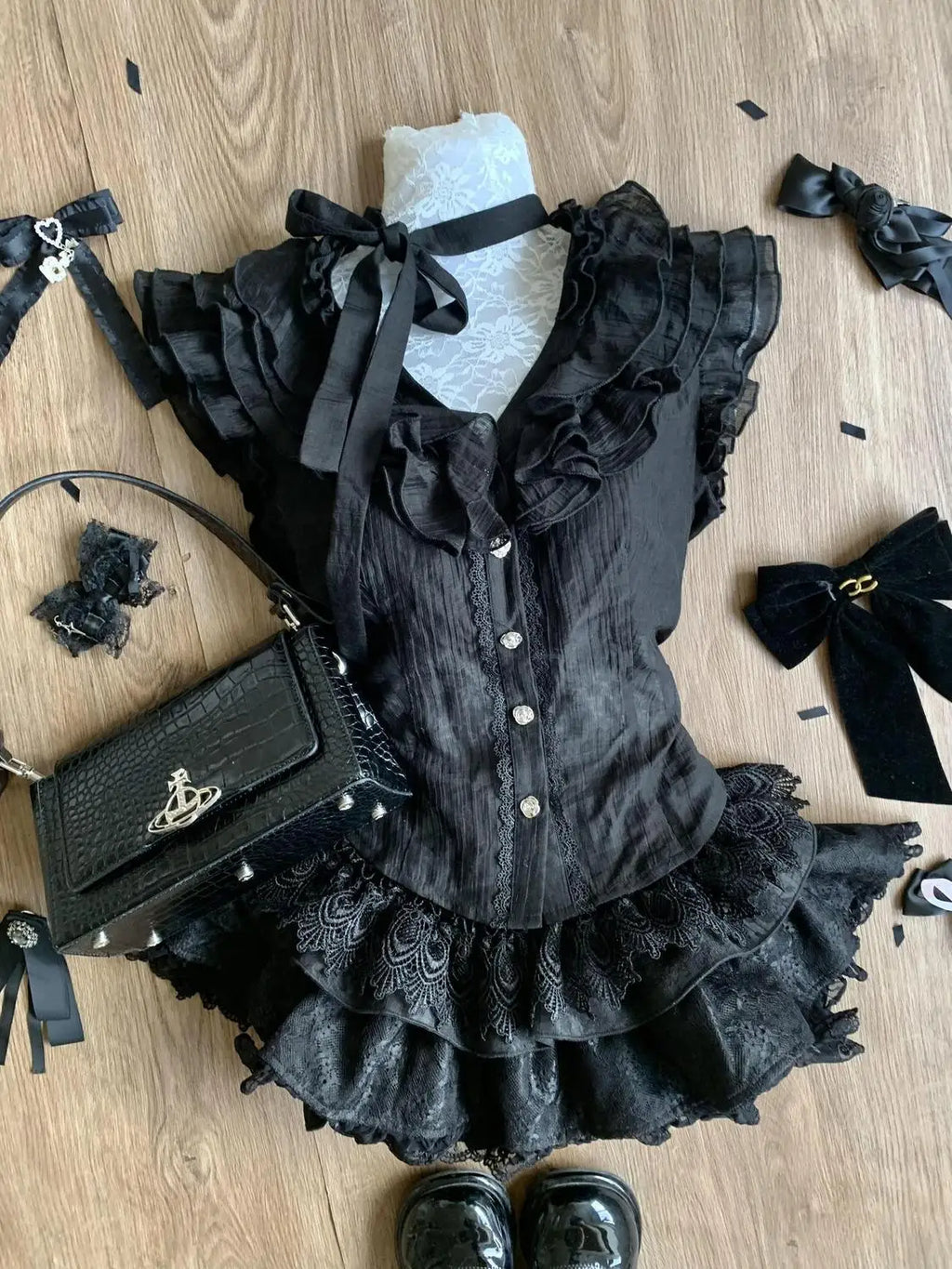 Japanese Subculture Gothic Black 2 Piece Set Women Ruffle Design Top + Mini Cake Skirt New Vintage Slim Sweet JK Y2K Outfits