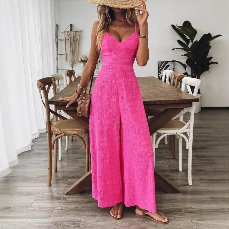 2025 Simple Style Jumpsuit Jumpsuits For Woman  Wide Leg Women's Clothing Casual Sleeveless Sling Solid Color Holiday Vacation