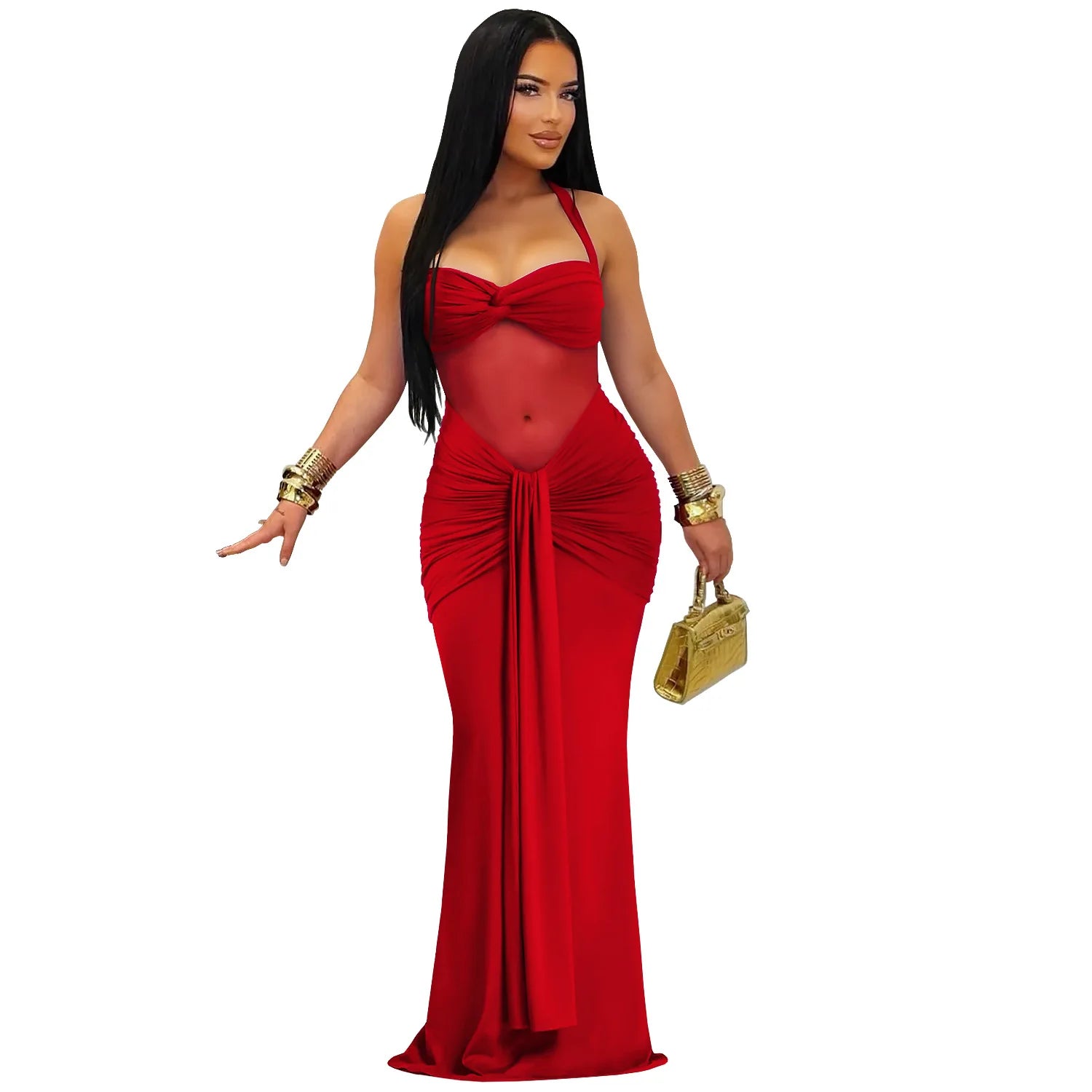 CM.YAYA Women Off Shoulder Halter Lace Up Ruched Bodycon Maxi Dress 2026 Birthday Evening Sexy Party Long Dresses Vestidos
