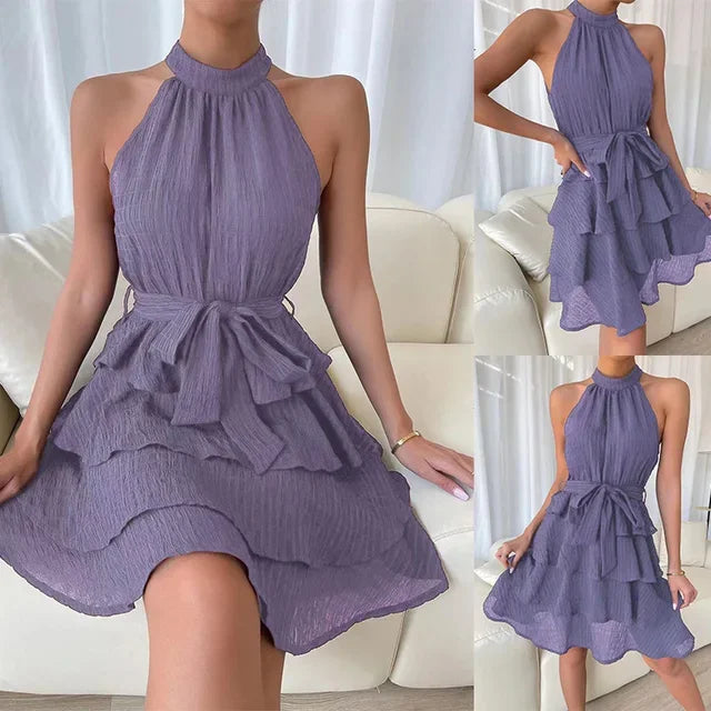 Women's Red Mini Dress Vestidos 2025 Summer Fashion Sexy Style Halter Sleeveless Ruffle Edge Tied Woman Dresses Women Sundress