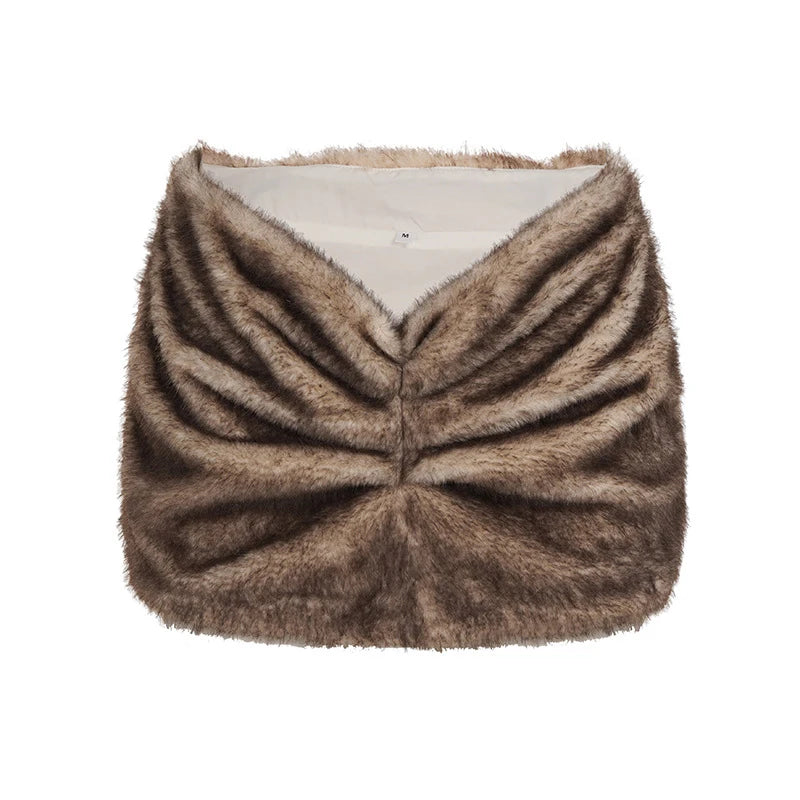 Sexy Fur Patchwork Party Dress Women Brown Slim Short Sleeve O-neck Short Dresses 2025 Fashion Evening Solid Robe Lary