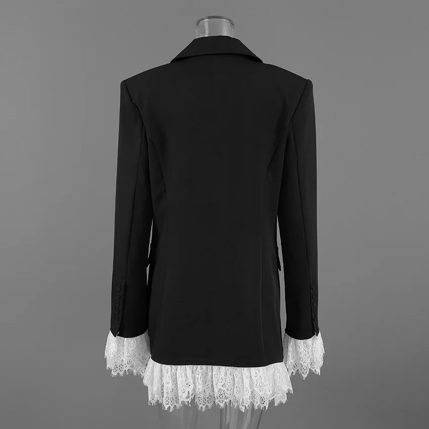 BKLD 2026 Autumn New Sexy V-Neck Lace Patchwork Black Dress Elegant Temperament Long Sleeve Blazer Short Dresses Women Clothing