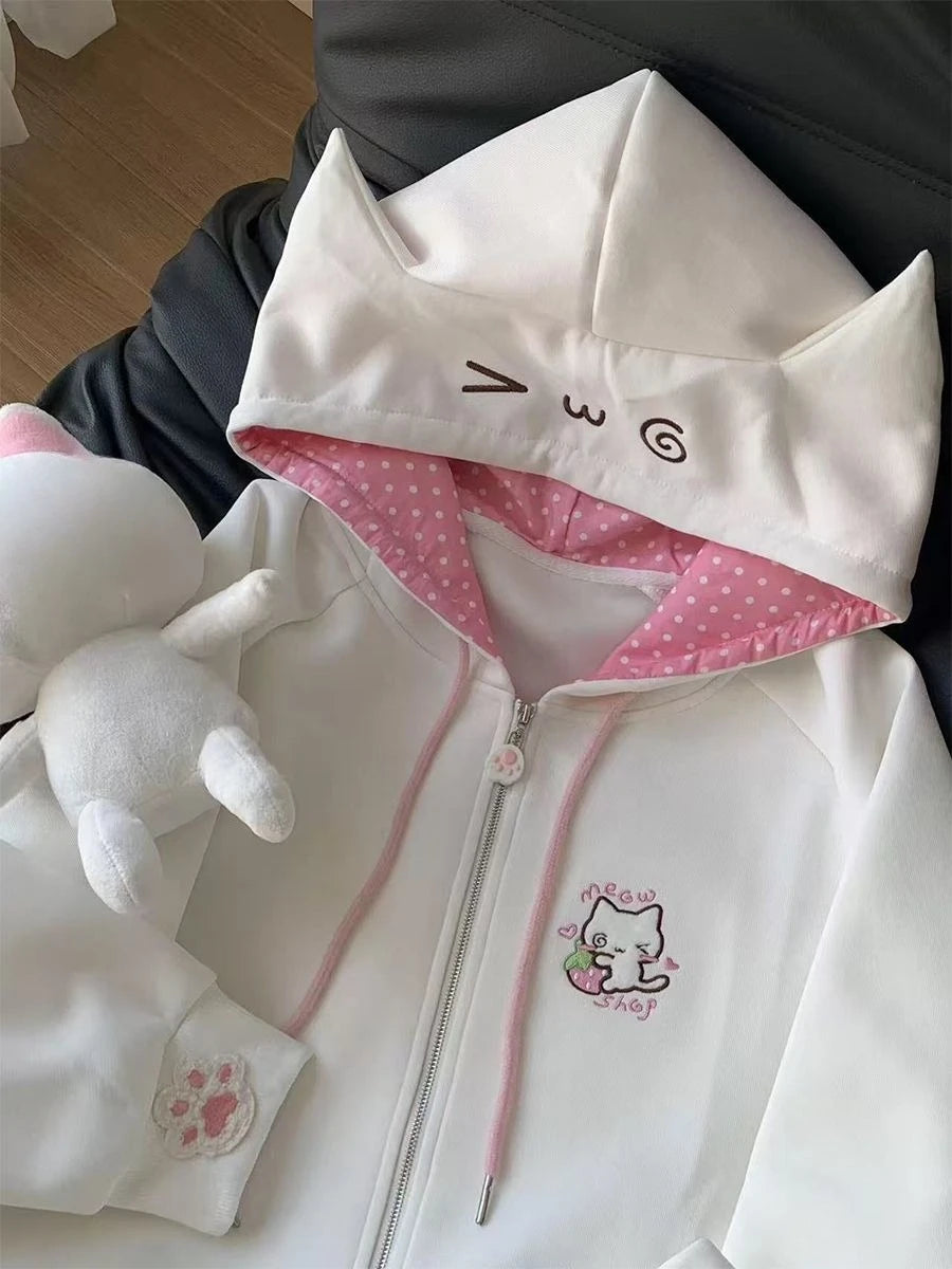 Japanese Cartoon Embroidery Casual Kawaii Hoodies Y2k Aesthetic Loose Drawstring Women Hoody Harajuku Autumn Zipper Sweatshirt