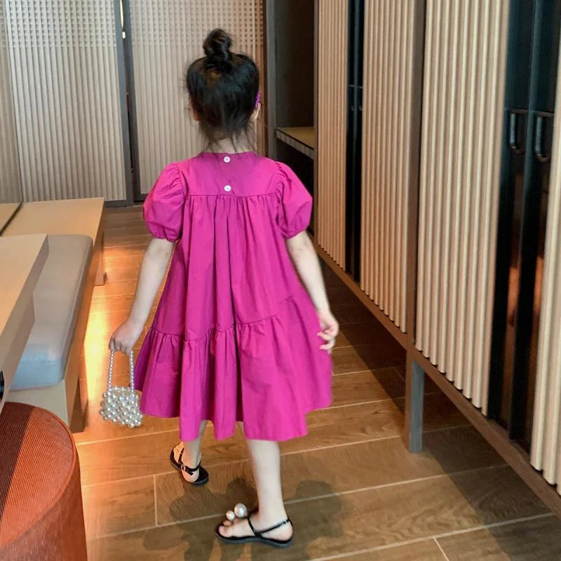 Summer Girls Dress Spring Children Sweet Princess Gown Kids Casual Short-sleeve Vestidos Baby Girl Solid Color Clothing Dresses