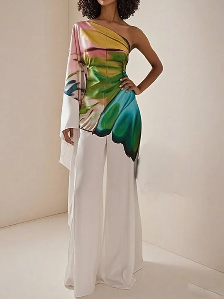 Women's Elegant Jumpsuit One-shoulder Flared Sleeves Wide Leg One-piece Suit 2025 Summer Stylish Butterfly Print Rompers