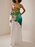 Women's Elegant Jumpsuit One-shoulder Flared Sleeves Wide Leg One-piece Suit 2025 Summer Stylish Butterfly Print Rompers