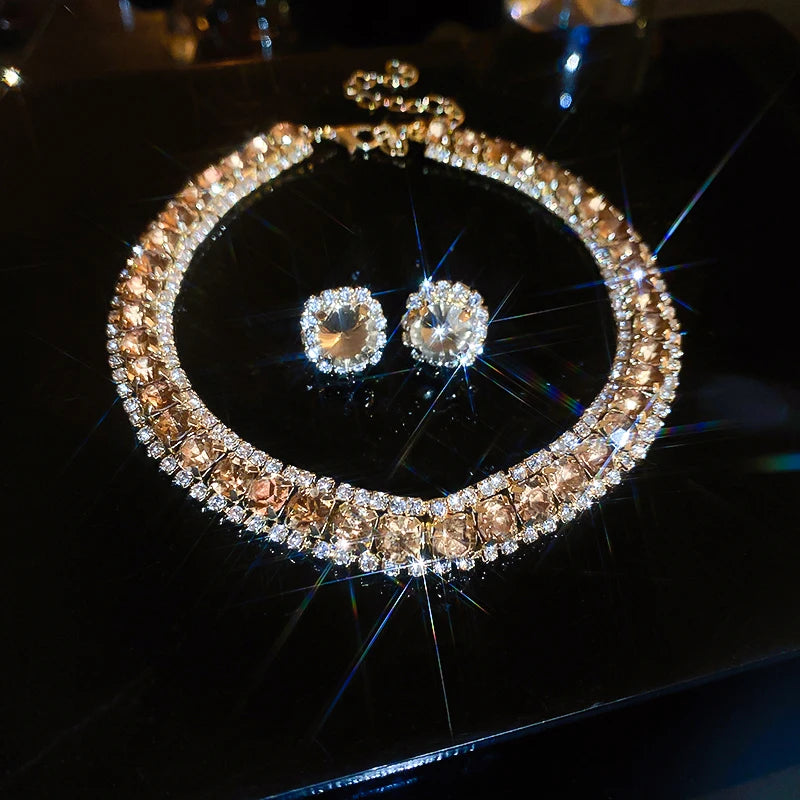 Luxury Green Rhinestone Necklace Stud Earrings For Women Crystal Choker Necklaces Ladies Fashion Weddings Banquet Jewelry Set K