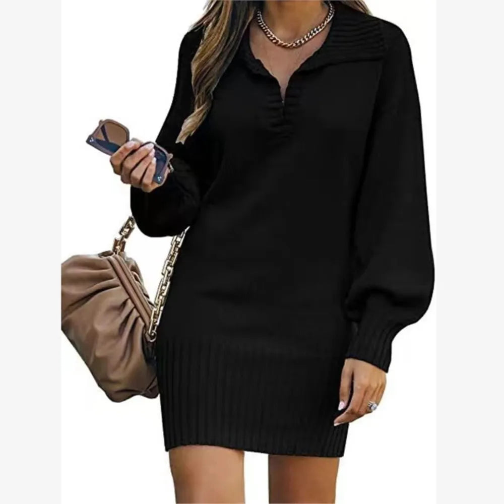 Women's Sweater Mid Length Dresses Fashion Lapel Lantern Sleeve Knit Solid Color Elegant Female Fall Winter Sweater Dress 2024