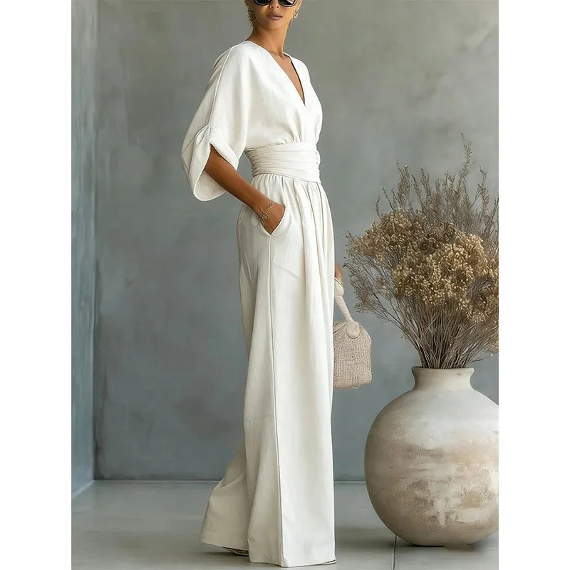 Women's Jumpsuit Fashion High Waist V-neck Casual Jumpsuits Sexy  Solid Color Office Wide Leg Trousers Overalls Vacation Outfit