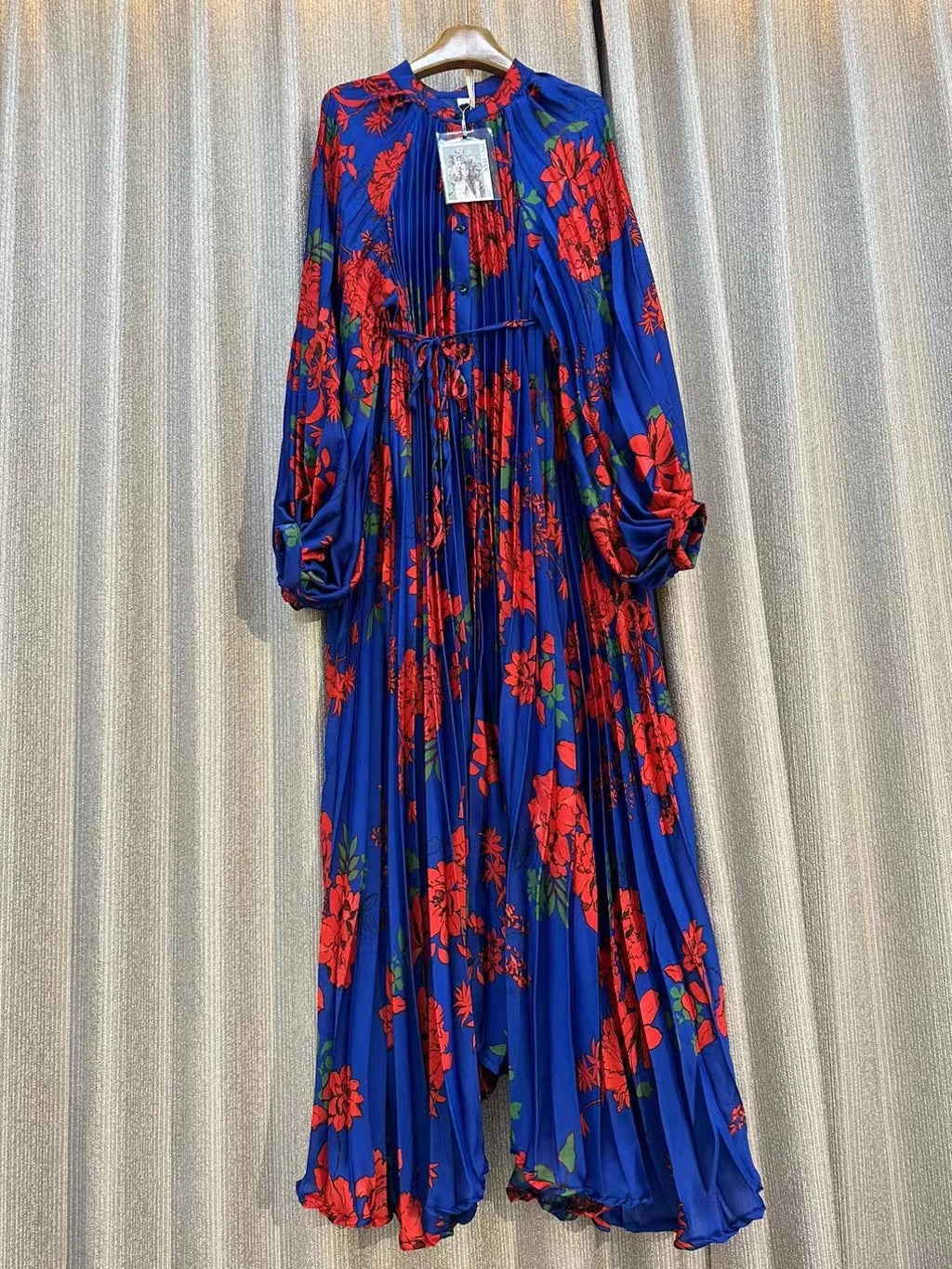 Clearance Temperament Women Lantern Long Sleeves O-Neck Slim Single Breasted Print Maxi Dress Elegant Vintage Chic Spring Dress