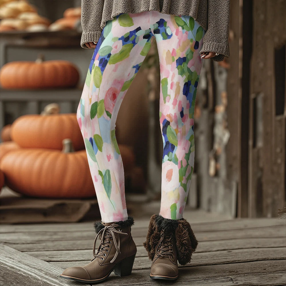 Colorful Blooming Flowers Pattern Women's Leggings Autumn Winter Warm Fashion Tights Stylish Outdoor Look Fashion Streetwear