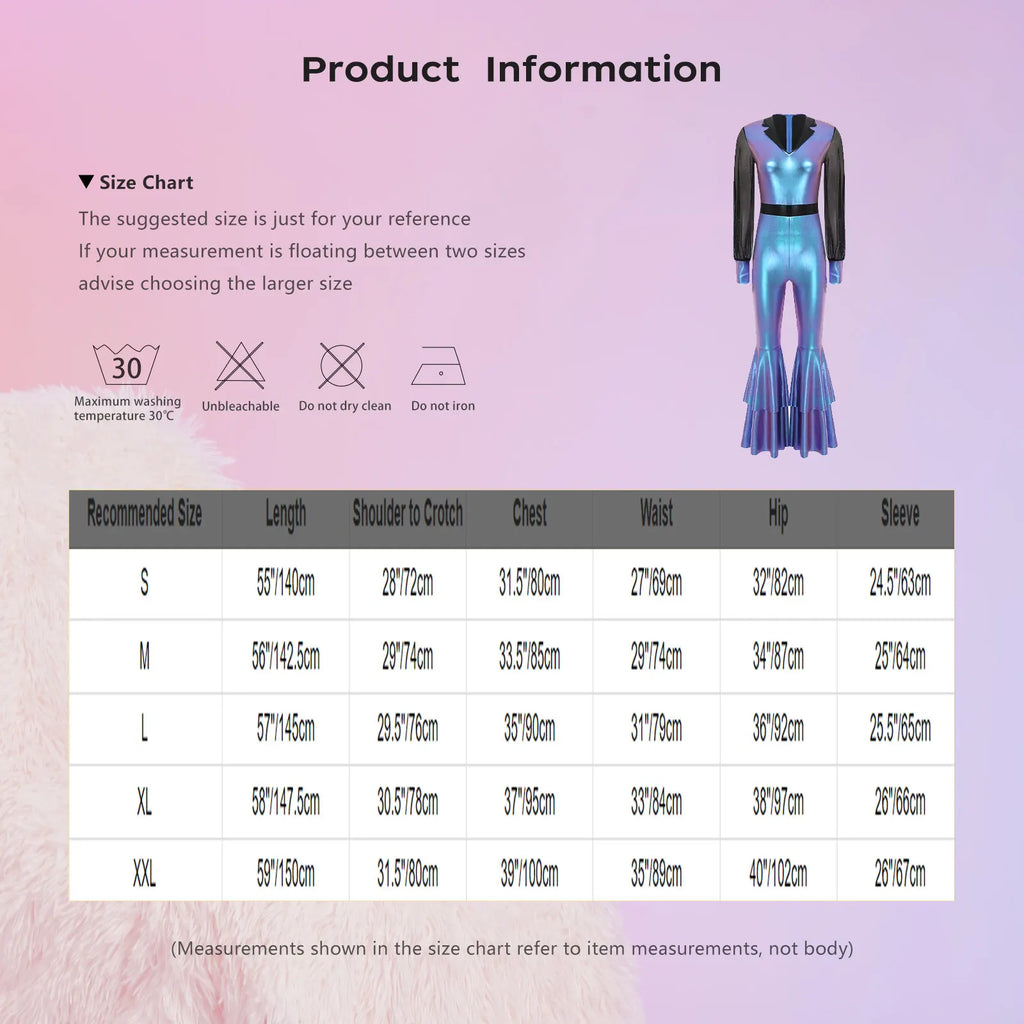 70 80s Disco Classical Vintage Jumpsuit Women Shiny Metallic High Waist Flared Bell-bottomed Rompers Playsuits for Dance Cosplay