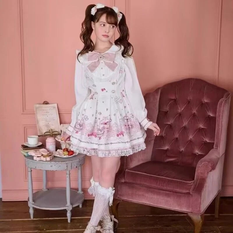 Japanese Kawaii Rhinestone Bow Dress Set Women Sweet Cute Lolita Style Lace Pearl Print Shirt Dresses Gothic Y2k Tea Party Dress