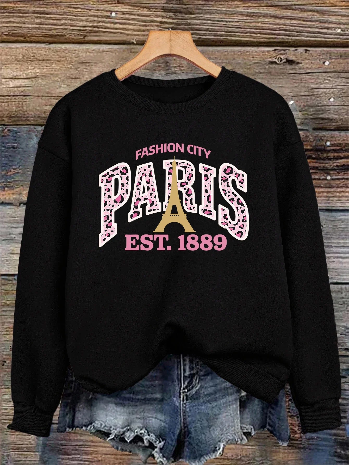Pink Leopard Print Paris 1889 Pattern Woman Pullovers Autumn Crewneck Sweatshirt Casual Loose Clothing Fleece Hip Hop Sportswear