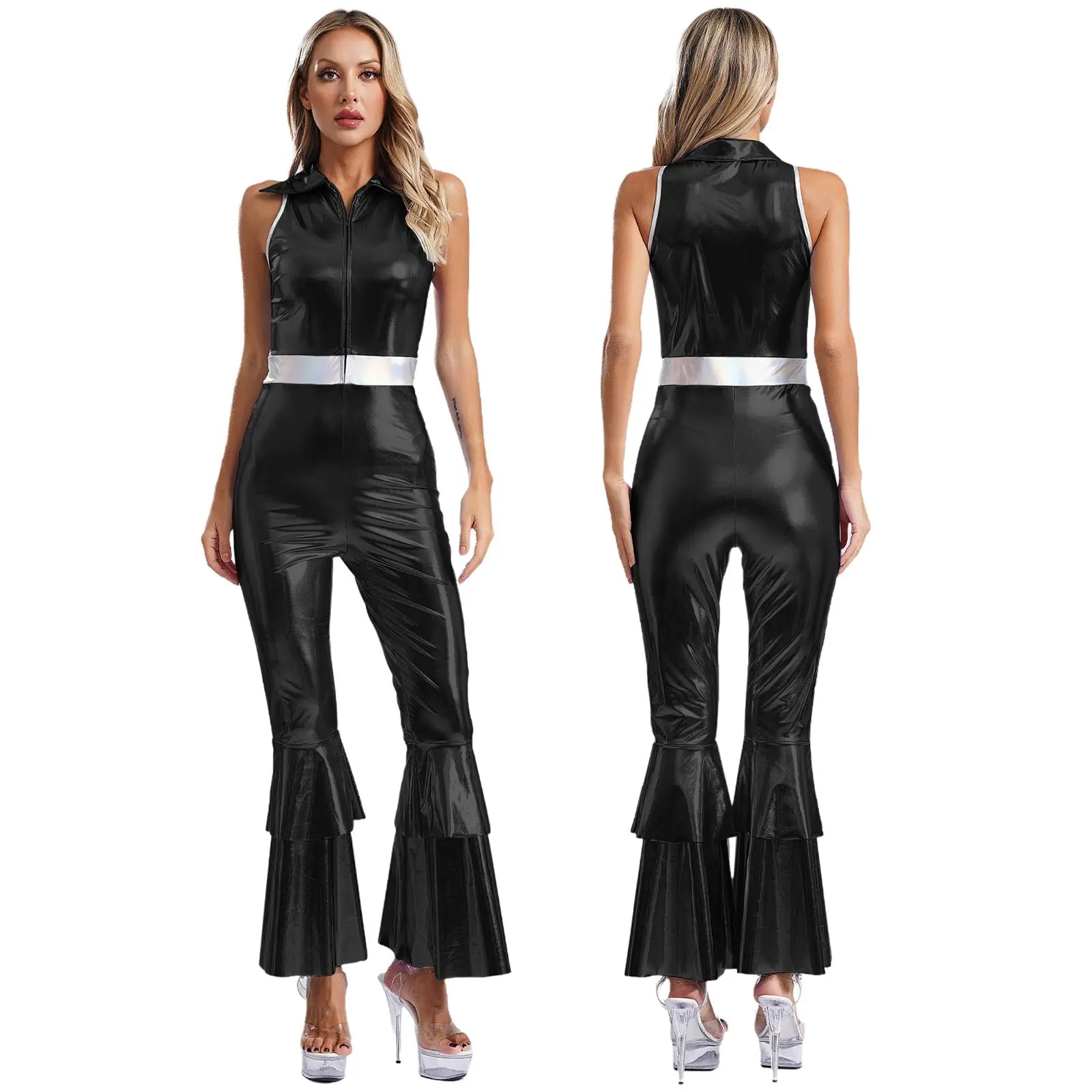 70 80s Disco Classical Vintage Jumpsuit Women Shiny Metallic High Waist Flared Bell-bottomed Rompers Playsuits for Dance Cosplay