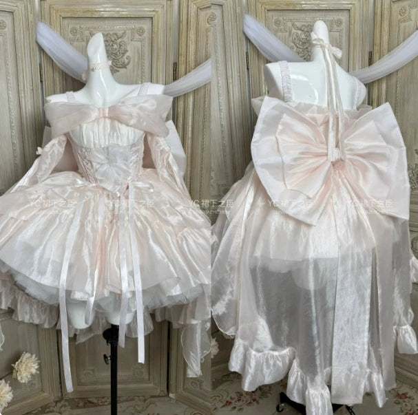 French Style Ladies Fairy Pink Strapless Dress 2025 Spring Summer Lolita Big Bow Princess Puff Short Party Evening Dresses