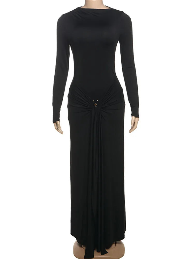 Mozision Elegant Long Sleeve Ruched Sexy Maxi Dress Women Gown Autumn Fashion Draped Bodycon Long Dresses Female Clothing