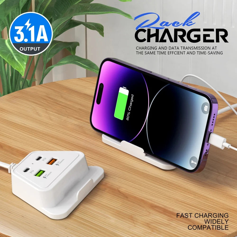 4 in 1 Desktop Charging Station 2PD 2USB Fast Charger Power Strip with EU UK US Plug USB Hub Adapter Socket for Multiple Devices