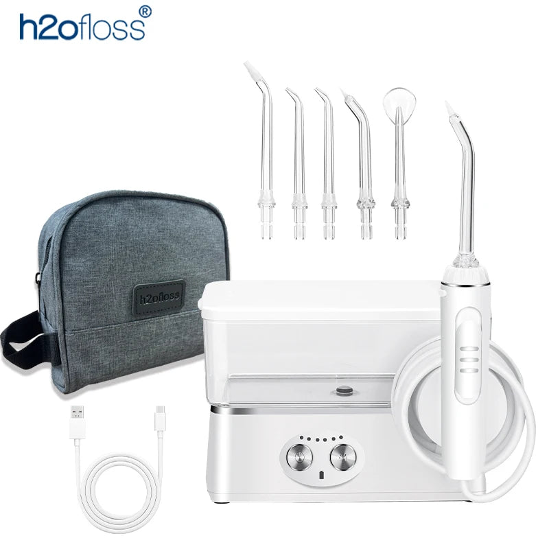 H2ofloss Water Flosser 570ml Portable Oral Irrigator 140PSI 6 Modes 5 Tips with Travel Bag USB Rechargeable for Dental Cleaning