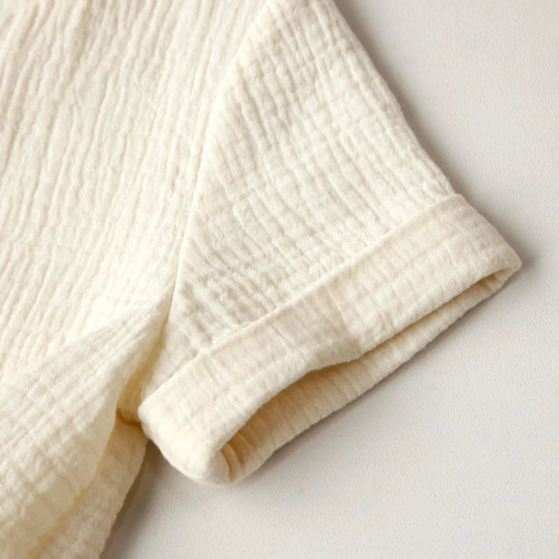Children's Muslin Gauze Short-Sleeved Dress Summer New Solid Color Collision Buttons Girls Round Neck 100% Cotton A-Line Dresses