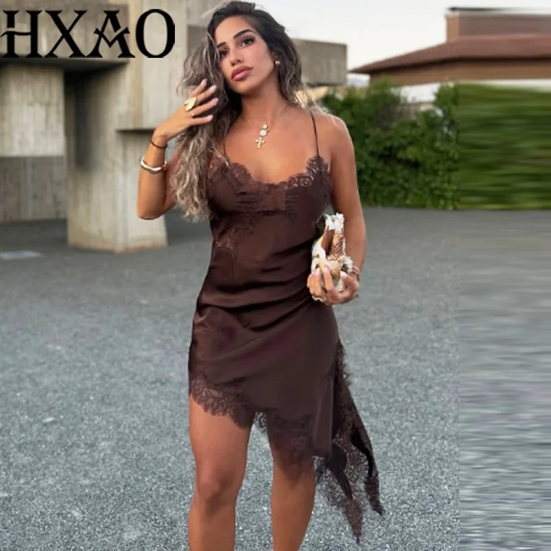 HXAO Asymmetrical Lace Dress Woman Sleeveless Slip Black Dress Summer Satin Party Dresses Backless Sexy Short Night Dresses