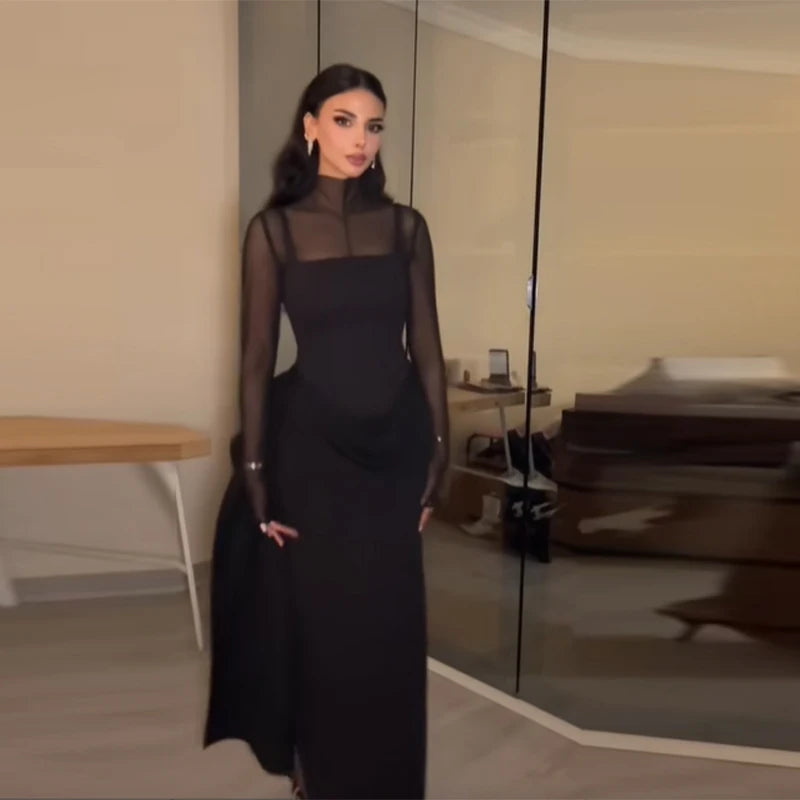 Chic Modern Gown Sheer-panel Vintage Women Maxi Dresses Elegant Trendy Female Evening Party Trendy Ladies Spring Wear