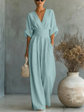 Women's Jumpsuit Fashion High Waist V-neck Casual Jumpsuits Sexy  Solid Color Office Wide Leg Trousers Overalls Vacation Outfit