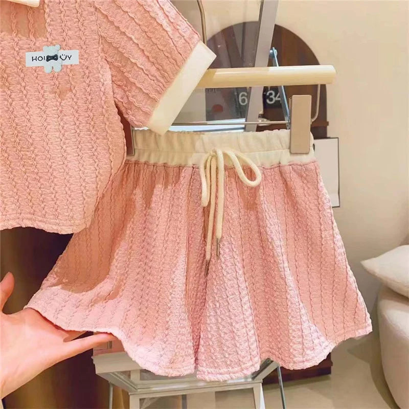 Girls Sweet Clothing Sets Fashion Big Kids Polo Short Sleeve Suits Summer T-Shirts+Shorts 2Pcs Children Outfits 2-10 Years